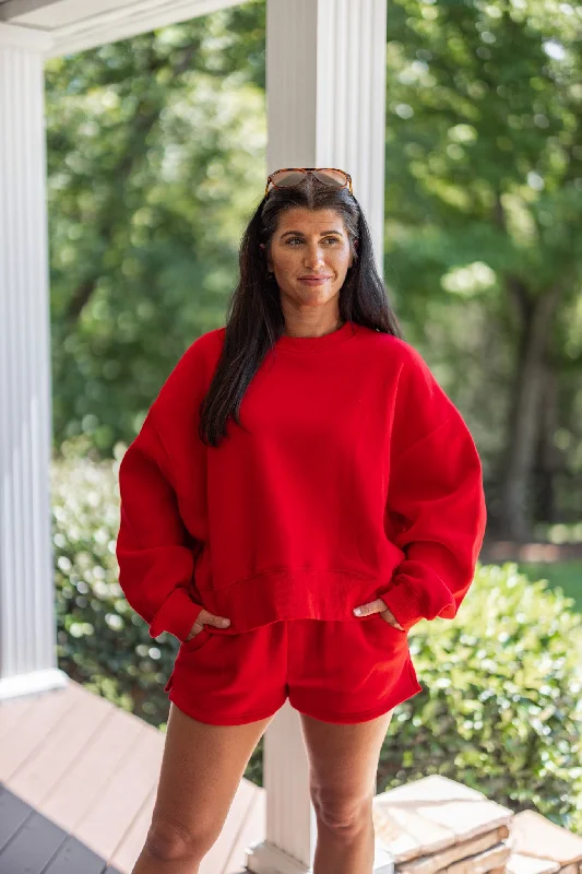 Casually Extra Red Knit Sweatshirt Hoodie with Tied Waist Feminine Flattering