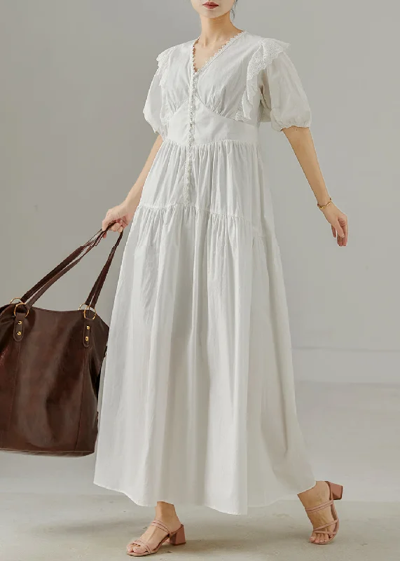 Boho White V Neck Patchwork Cotton Party Dress Summer Tunics Winter warm