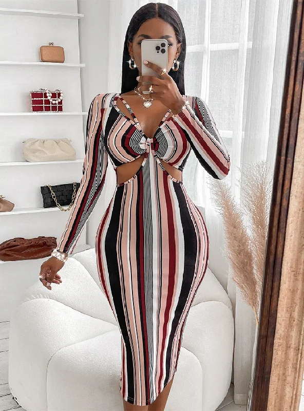Chest-wrapped Striped Long-sleeved Dress Shift Classic Vintage