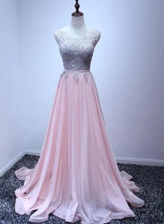 Pink Chiffon Party Dress with Grey Lace Applique, Lovely Pink Party Dresses, Pink Evening Gowns Tunics Long Elegant Pink Chiffon Party Dress with Grey Lace Applique, Lovely Pink Party Dresses, Pink Evening Gowns Tunics Long Elegant