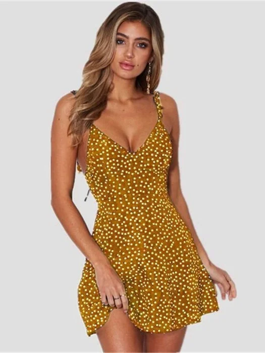 Summer V Neck A Line High Waist Dot Printing Back Lacing Straps Dress Tunics Winter warm