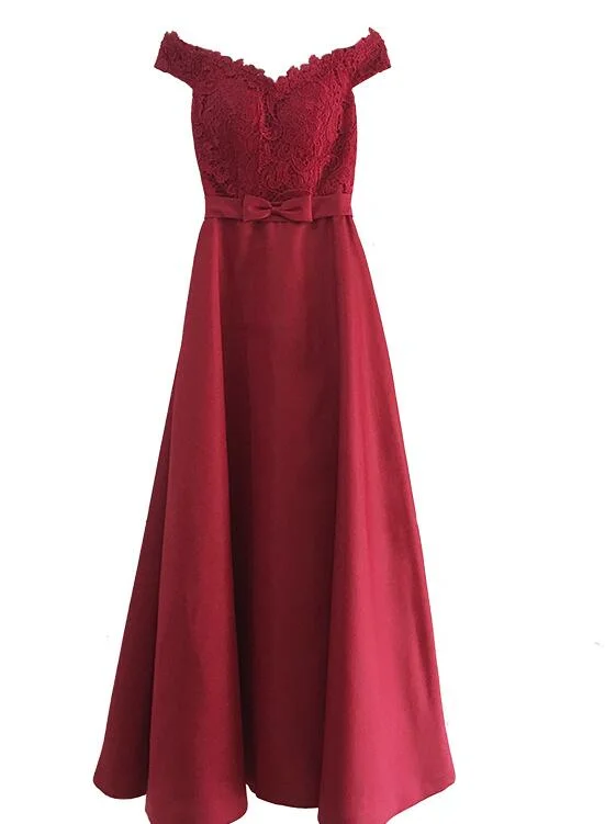 Red and Lace Satin Party Dress, Beautiful Prom Dresses Off-the-shoulder Chic Trendy