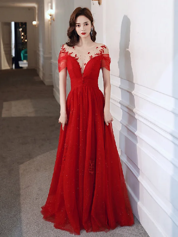 Red Tulle Sweetheart Elegant Long Formal Dress, Red Party Dress Wedding Party Dress Crew Neckline Sporty Red Tulle Sweetheart Elegant Long Formal Dress, Red Party Dress Wedding Party Dress Crew Neckline Sporty