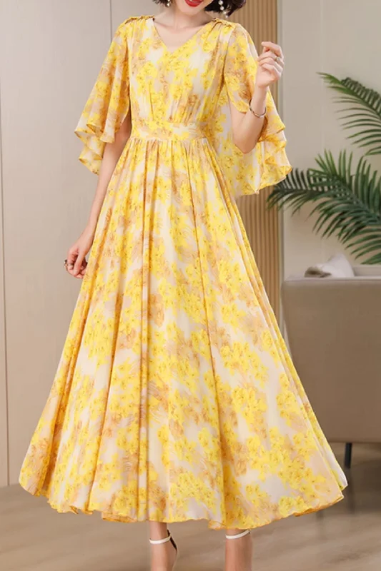 Yellow floral printed chiffon dresses with butterfly sleeves 4995 Bodycon Club Sequined