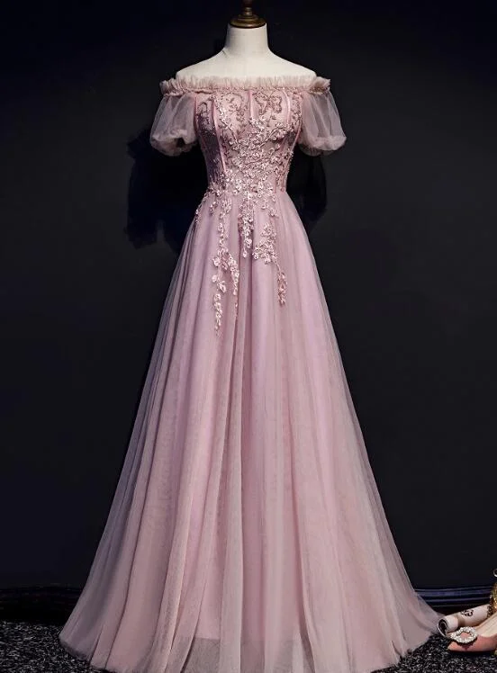 Unique Pink Off Shoulder with Lace Long Party Dress, Prom Gown Turtleneck Neckline Stylish Unique Pink Off Shoulder with Lace Long Party Dress, Prom Gown Turtleneck Neckline Stylish