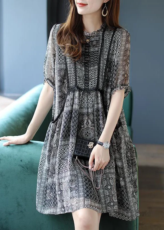 Chic Black O-Neck Ruffled Print Chiffon Party Dress Summer Tunics Velvet soft