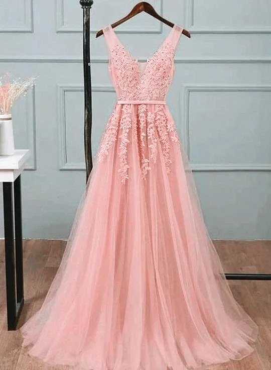 Pink V-neckline Long Party Dress, Tulle Bridesmaid Dresses Tunics Chic fashionable