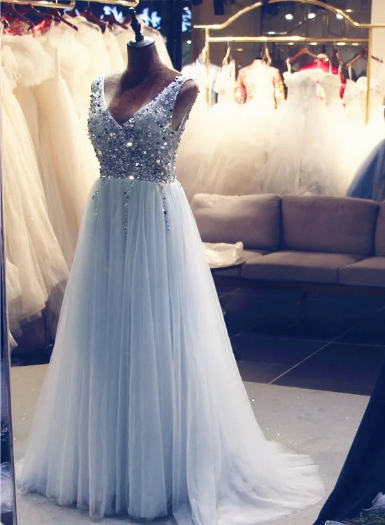 Light Blue Tulle Beaded V Back Long Formal Dress, Blue Prom Dress Wedding Party Dress Tunics stripes playful Light Blue Tulle Beaded V Back Long Formal Dress, Blue Prom Dress Wedding Party Dress Tunics stripes playful