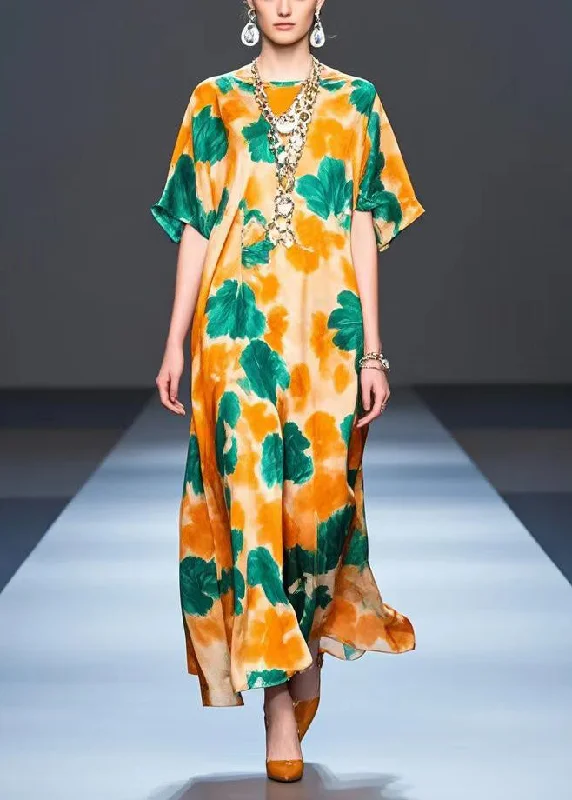 Plus Size Orange Oversized Print Silk Party Dress Summer Tunics Formal black