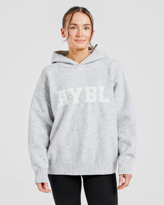 Varsity Oversized Knitted Hoodie - Grau Marl Hoodie with Zipper Placket Modern Functional Varsity Oversized Knitted Hoodie - Grau Marl Hoodie with Zipper Placket Modern Functional