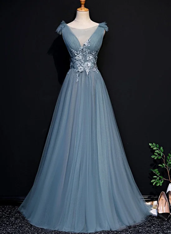 Beautiful Blue Tulle Long Party Dress, A-line Prom Dress with Lace Applique Tunics Bestseller popular Beautiful Blue Tulle Long Party Dress, A-line Prom Dress with Lace Applique Tunics Bestseller popular