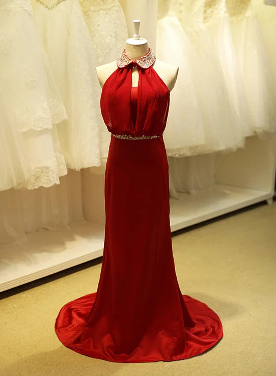 Beautiful Red Satin and Chiffon Beaded Long Party Dress, Charming Junior Prom Dress Shift Classic Vintage Beautiful Red Satin and Chiffon Beaded Long Party Dress, Charming Junior Prom Dress Shift Classic Vintage
