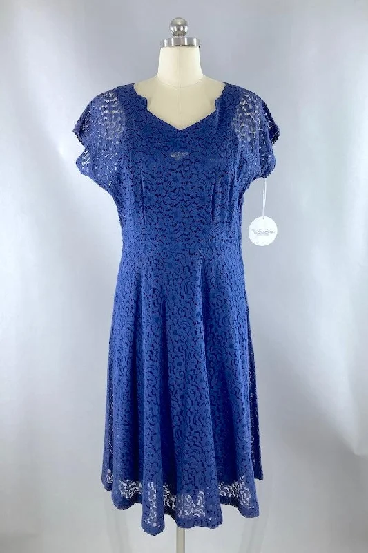 Vintage 1940s Navy Blue Lace Dress & Slip Tunics Sophisticated sleek