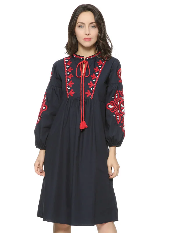 Women Vintage Floral Embroidery Dress Drawstring Tie Tassels Long Sleeve Shift Classic Vintage