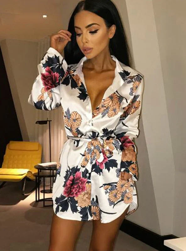 Floral Print Notched Dress Women Summer Long Sleeve Sexy Split Turtleneck Warm Winter