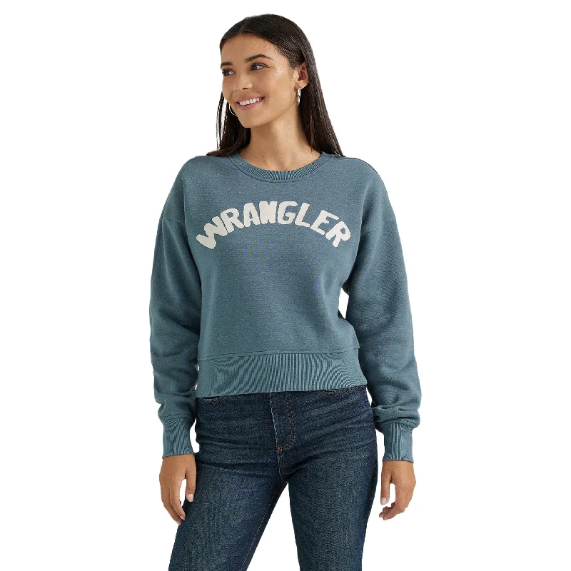 Wrangler Women's Retro Shabby Blue Logo Sweatshirt Hoodie with Rhinestones Sparkly Elegant