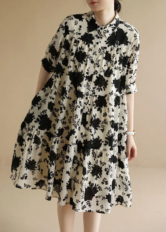 Classy Beige Peter Pan Collar Wrinkled Black Floral Party Dress Short Sleeve Cowl Neckline Elegant Classy Beige Peter Pan Collar Wrinkled Black Floral Party Dress Short Sleeve Cowl Neckline Elegant