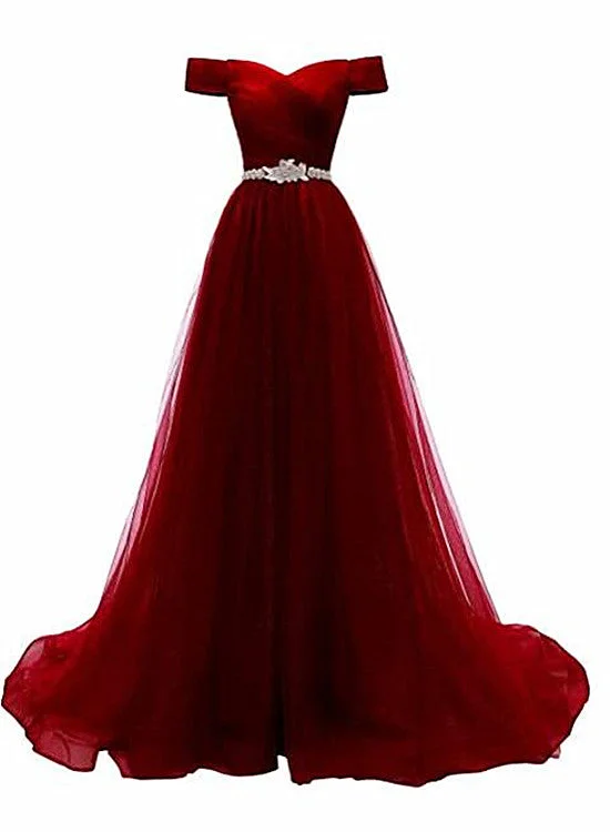 Pretty Dark Red Off Shoulder Long Party Dress with Beadings, Tulle Evening Dress Tunics Fall fleece Pretty Dark Red Off Shoulder Long Party Dress with Beadings, Tulle Evening Dress Tunics Fall fleece