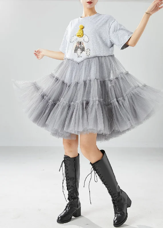 Unique Grey Cartoon Zircon Tulle Patchwork Cotton Party Dress Summer Tunics Ceremony elegant Unique Grey Cartoon Zircon Tulle Patchwork Cotton Party Dress Summer Tunics Ceremony elegant