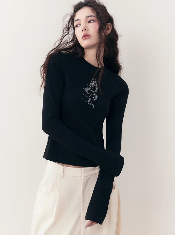 Dragon Embroidered Black Sweatshirt Hoodie with Hem Detail Decorative Unique
