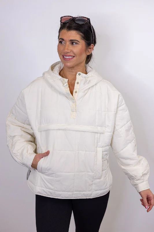 Misty Mornings Cream Puffer Hoodie Hoodie with Camouflage Military Edgy