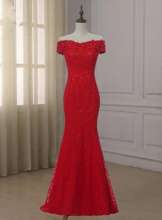 Red Lace Mermaid Off Shoulder Evening Gown, Red Lace Party Dress, Wedding Party Dress Crew Neckline Sporty Red Lace Mermaid Off Shoulder Evening Gown, Red Lace Party Dress, Wedding Party Dress Crew Neckline Sporty
