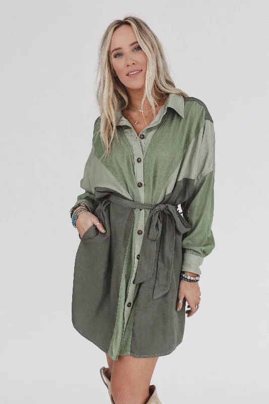 The Sades Belted Tunic Dress - Olive Tunics Fleece cozy