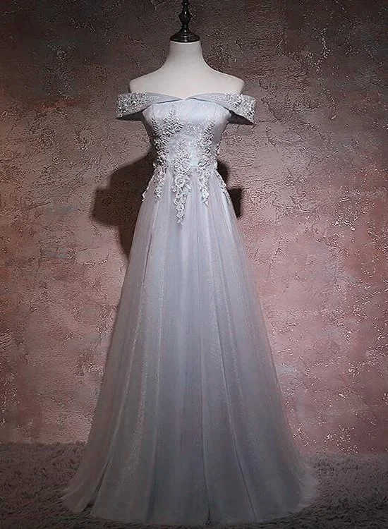 Grey Tulle Long Off Shoulder Party Dress 2021, Tulle with Lace Floor Length Party Dress Tunics Leisure comfortable Grey Tulle Long Off Shoulder Party Dress 2021, Tulle with Lace Floor Length Party Dress Tunics Leisure comfortable