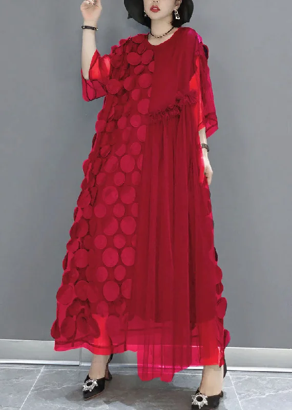 Red Tulle Party Dresses O-Neck Asymmetrical Half Sleeve Tunics Trousers formal
