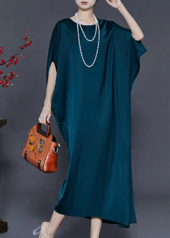 Elegant Peacock Blue Oversized Silk Party Dress Batwing Sleeve Tunics Denim casual