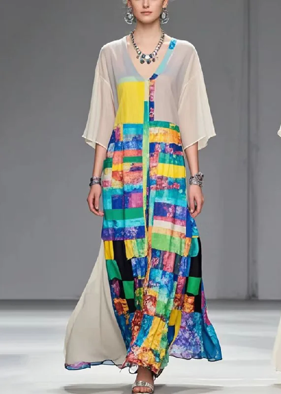 French Apricot V Neck Patchwork Print Chiffon Party Dress Summer Tunics Sophisticated sleek French Apricot V Neck Patchwork Print Chiffon Party Dress Summer Tunics Sophisticated sleek