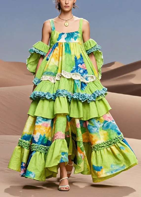 Original Design Green Layered Ruffles Print Cotton Party Dress Summer Tunics Summer linen Original Design Green Layered Ruffles Print Cotton Party Dress Summer Tunics Summer linen