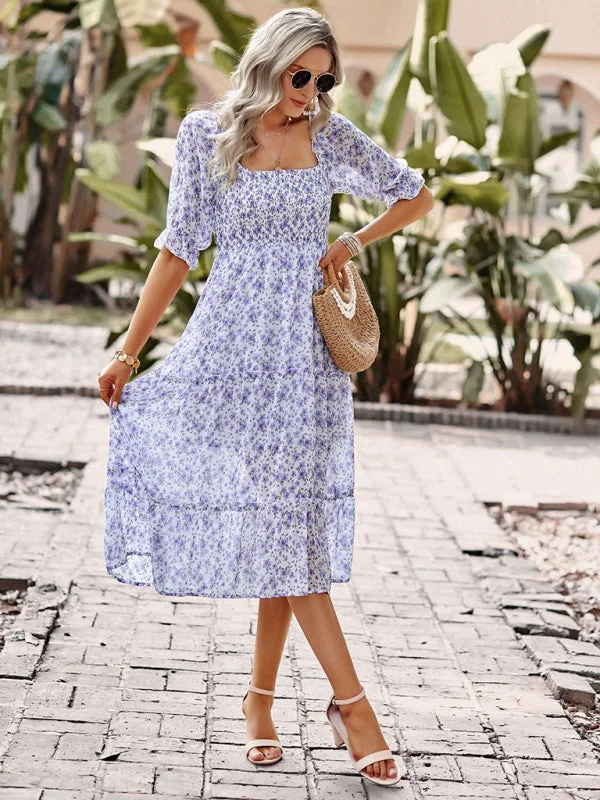 Puff Sleeve Narrow Waist Large Skirt Floral Print Dress Tunic Top Casual