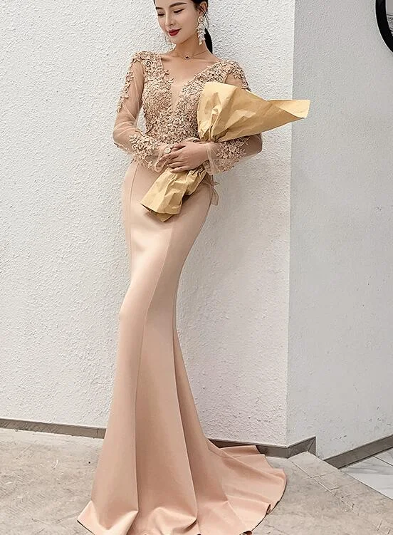 Beautiful Mermaid Champagne Long Sleeves Party Dress, Lace Applique Prom Dress Tunics Seasonal trendy Beautiful Mermaid Champagne Long Sleeves Party Dress, Lace Applique Prom Dress Tunics Seasonal trendy