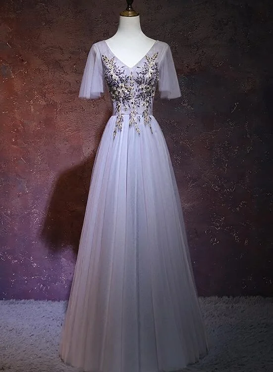 Light Grey Tulle Long V-neckline Party Dress, Tulle Bridesmaid Dress Tunics Review highly Light Grey Tulle Long V-neckline Party Dress, Tulle Bridesmaid Dress Tunics Review highly
