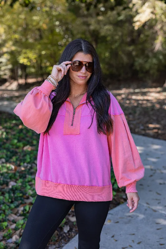 Saturday Soul Pink Colorblock Sweatshirt Hoodie with Button Placket Classic Preppy