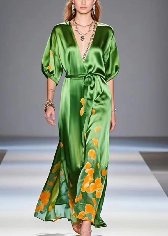 Chic Tea Green Cinched Print Silk Party Dress Summer Tunics Prom sequined