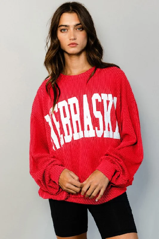 Nebraska Comfy Oversized Ribbed Graphic Knit Sweatshirt T1770N Hoodie with Raglan Sleeves Sporty Comfortable Nebraska Comfy Oversized Ribbed Graphic Knit Sweatshirt T1770N Hoodie with Raglan Sleeves Sporty Comfortable