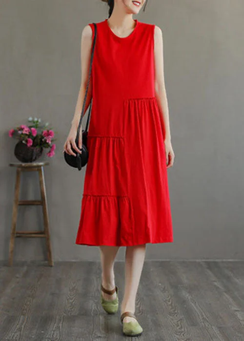 Stylish Red O-Neck Patchwork Cotton Party Dress Sleeveless Tunics Hiking breathable