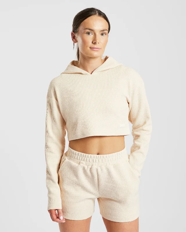Waffle Crop Hoodie - Beige Hoodie with Hem Contrast Bold Stylish