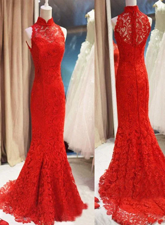 Beautiful Red Lace Halter Mermaid Wedding Party Dress, Red Lace Gown Sequined Elegant Party Beautiful Red Lace Halter Mermaid Wedding Party Dress, Red Lace Gown Sequined Elegant Party
