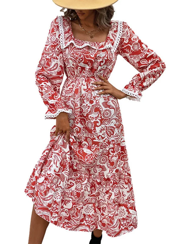 New Ladies Long Sleeve Printed Dress Crew Neckline Sporty