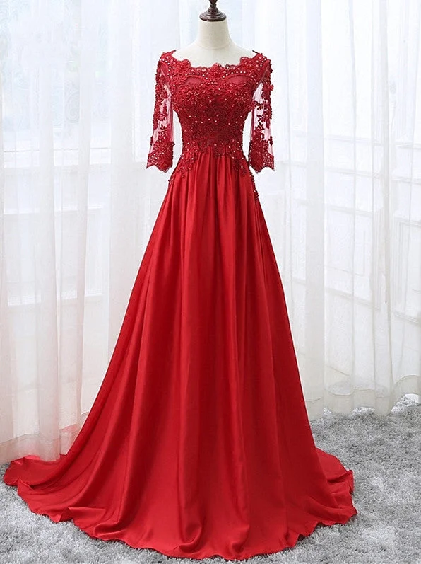Beautiful Red Satin Short Sleeves Long Party Dress, Red Prom Dress Square Neckline Feminine Beautiful Red Satin Short Sleeves Long Party Dress, Red Prom Dress Square Neckline Feminine