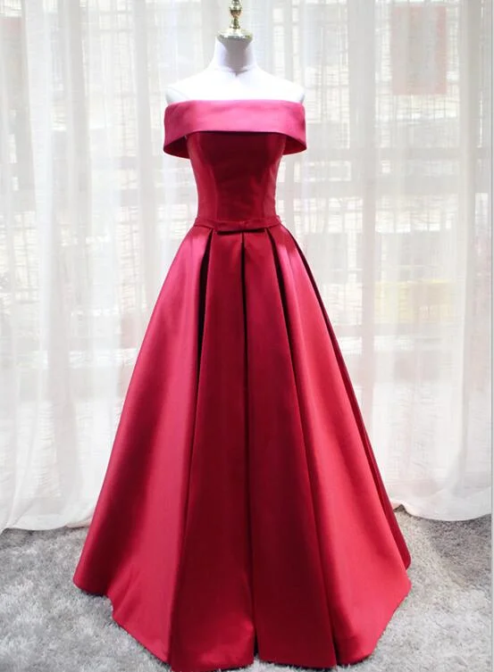 Red Satin Off Shoulder Handmade Long Formal Dress, Red Party Dress Off-the-shoulder Chic Trendy Red Satin Off Shoulder Handmade Long Formal Dress, Red Party Dress Off-the-shoulder Chic Trendy
