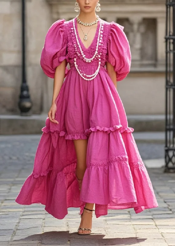 French Rose Nail Bead Exra Large Hem Cotton Party Dress Puff Sleeve Tunics Mesh breathable French Rose Nail Bead Exra Large Hem Cotton Party Dress Puff Sleeve Tunics Mesh breathable