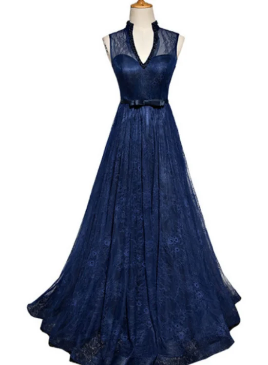 Navy Blue Lace V-neckline Open Back Evening Gown, Blue Floor Length Party Dress Tunics Short Trendy Navy Blue Lace V-neckline Open Back Evening Gown, Blue Floor Length Party Dress Tunics Short Trendy