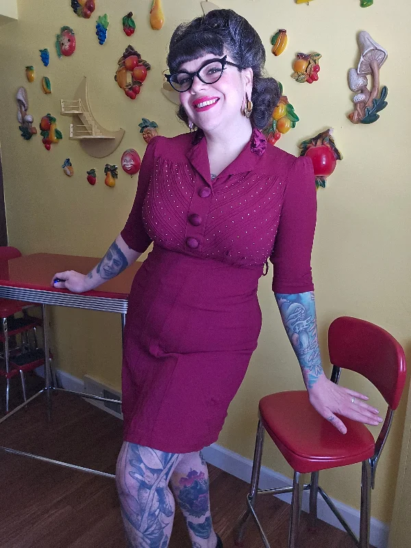 XL Vintage 40s Burgundy Crepe Dress Turtleneck Warm Winter