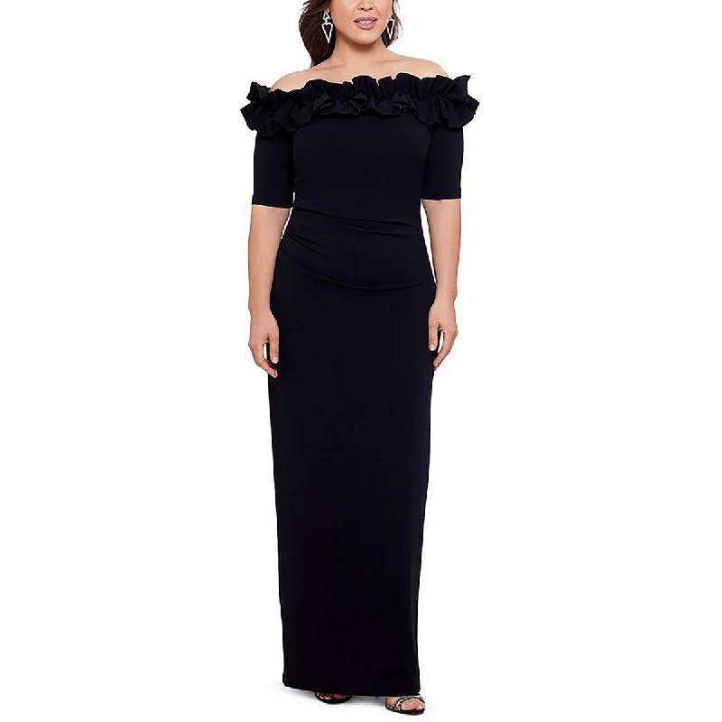 Plus Womens Velvet Off-The-Shoulder Evening Dress Tunics Sophisticated sleek