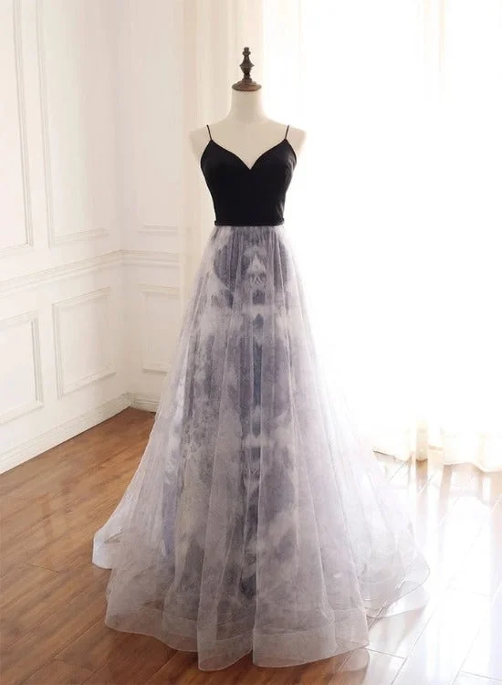 Black Straps Sweetheart Tulle Long Party Dress, Evening Gowns Graduation Dress Tunics Practical easy-care