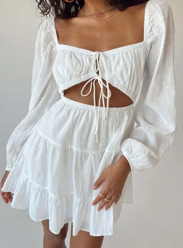 Women's elegant square-neck long-sleeved lace-up hollow short white dress Tunics Favorite customer